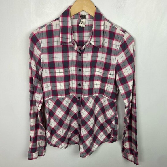 Free People Pink Grey Plaid Button Down Shirt Size XS Long Sleeve Western Boho - Picture 10 of 11